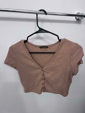 Ribbed Button-Front V-Neck Crop Top - Mauve